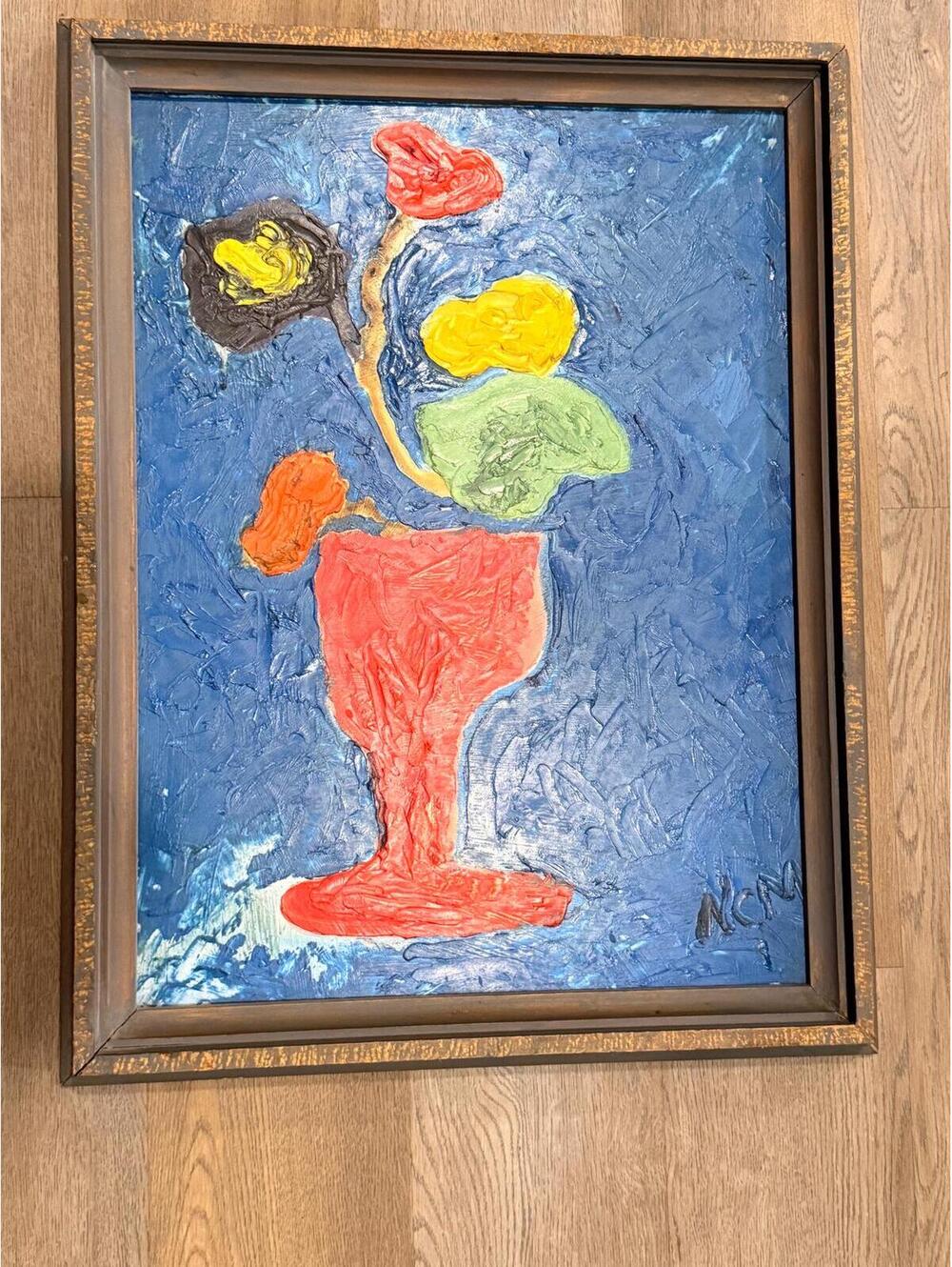Mid Century Modernist Textured Oil Painting of Stylized Floral Arrangement